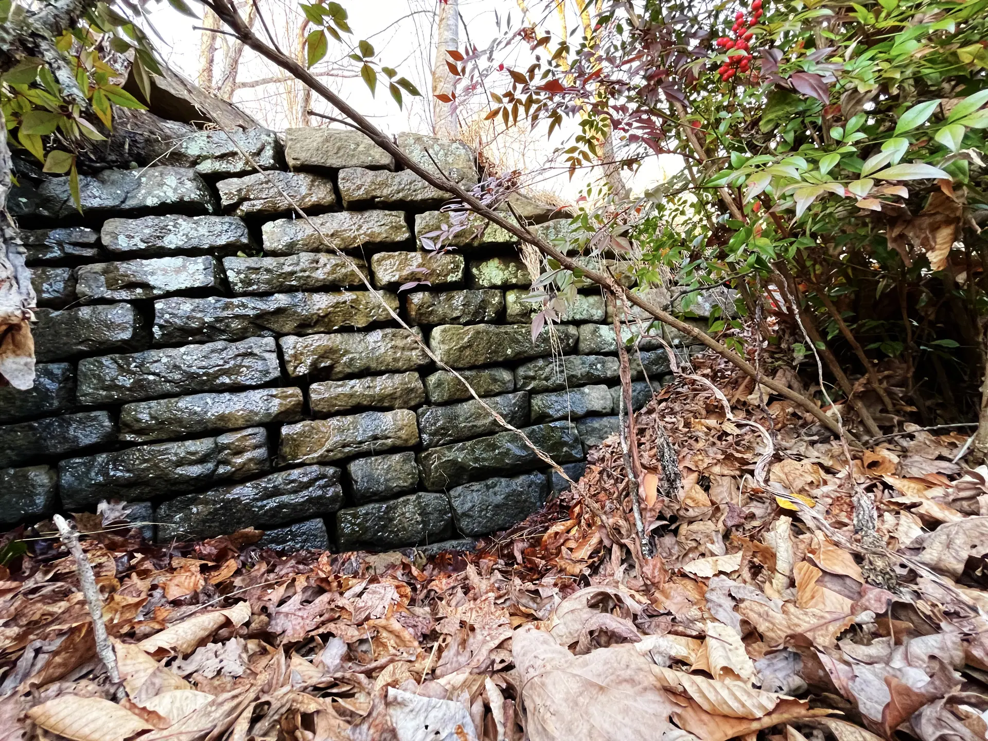 Historic dry-stacked stone wall on the Wendover property